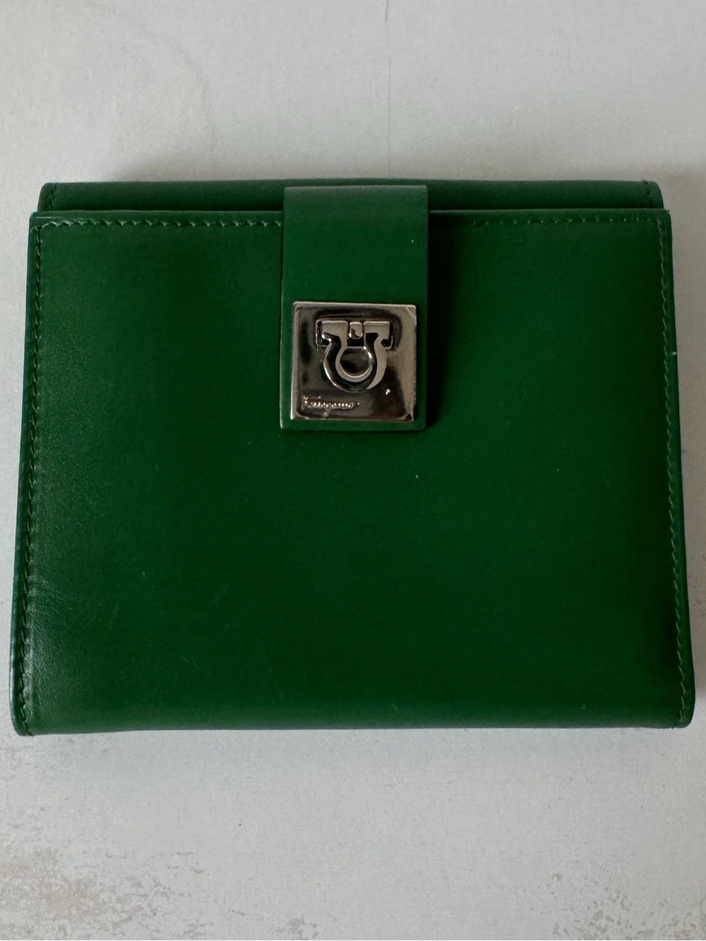 Salvatore Ferragamo Green Leather Compact Wallet with Silver Hardware